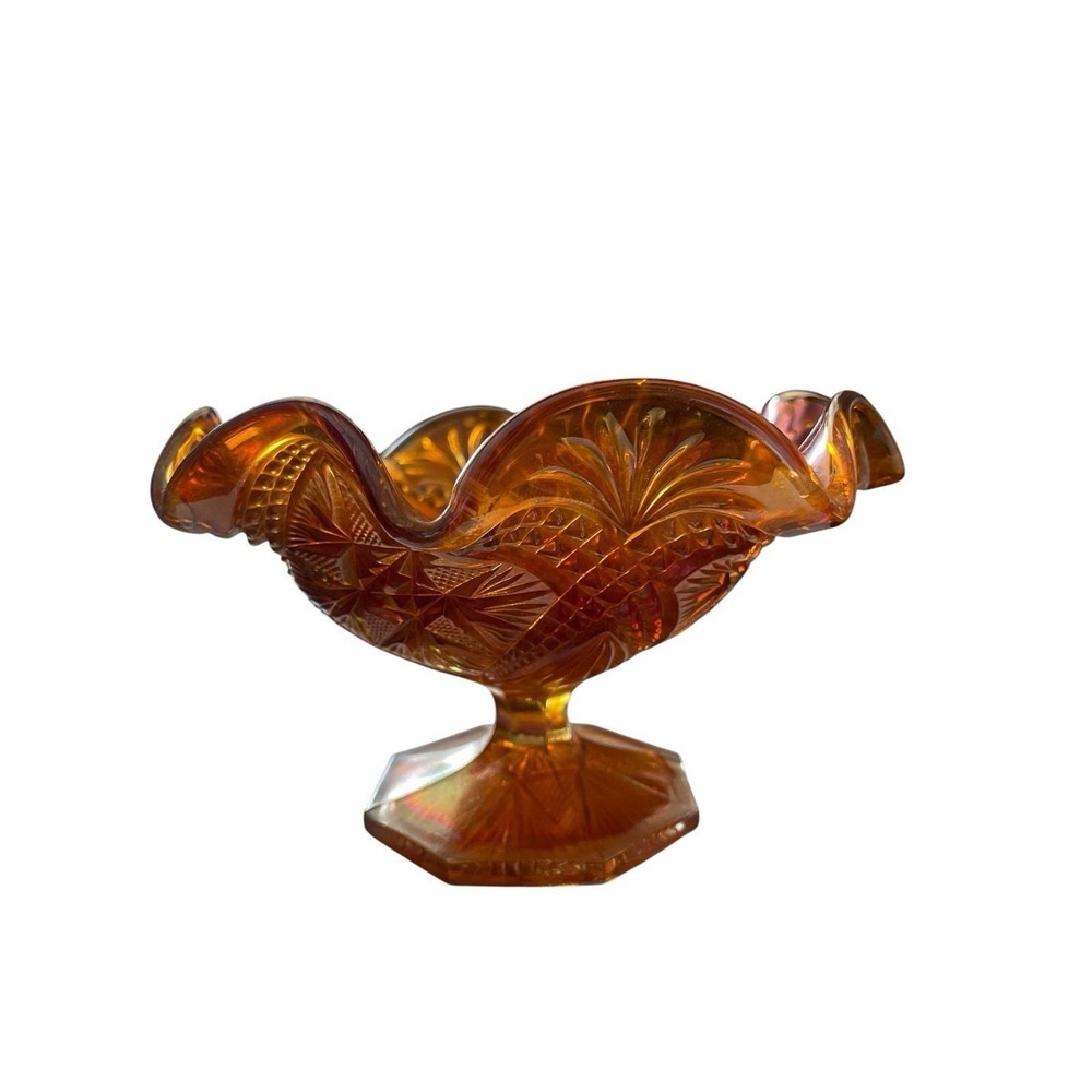 Vintage‎ Imperial Hobstar Arches Marigold Carnival Glass Compote 7" Iridescent